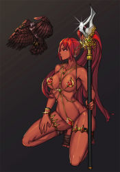 Rule 34 | &gt;:(, 1girl, amazon warrior, bad id, bad pixiv id, bird, black background, bracelet, chain, chain necklace, closed mouth, clyde s, collarbone, crotch plate, dark skin, eagle, frown, full body, gem, glint, glitter, gold, green gemstone, groin, hair ornament, highres, holding, holding weapon, jewelry, kneeling, long hair, looking away, necklace, original, pasties, pendant, polearm, ponytail, profile, red eyes, red gemstone, red hair, revealing clothes, spear, thighlet, v-shaped eyebrows, venus bikini, very long hair, weapon
