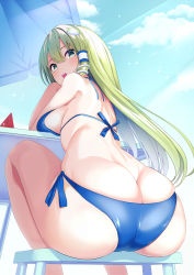 Rule 34 | 1girl, amisu, ass, ass focus, back, bare arms, bare legs, bare shoulders, barefoot, beach, bikini, blue bikini, blue sky, blush, breasts, butt crack, cloud, cloudy sky, comiket 94, commentary request, day, dimples of venus, duplicate, feet out of frame, food, frog hair ornament, fruit, green eyes, green hair, hair ornament, hair tubes, halterneck, highres, kochiya sanae, large breasts, leaning forward, long hair, looking at viewer, lowleg, lowleg bikini, open mouth, outdoors, shoulder blades, sitting, skindentation, sky, snake hair ornament, solo, string bikini, swimsuit, touhou, umbrella, watermelon