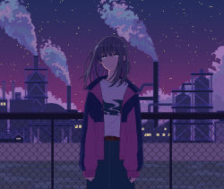Rule 34 | 1girl, absurdres, aqua eyes, brown hair, expressionless, fence, highres, long hair, looking at viewer, night, night sky, original, puffy short sleeves, puffy sleeves, shi oo, short sleeves, sky, smokestack, solo, star (sky), starry sky, upper body