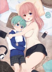Rule 34 | 1boy, 1girl, age difference, aqua hair, bare shoulders, black skirt, blue eyes, blue hair, blush, breasts, headphones, heterochromia, highres, hug, large breasts, long hair, looking at viewer, lying, nei (os), hugging object, on back, on side, original, os (os fresa), pillow, pillow hug, pink hair, pointy ears, purple eyes, red eyes, scrunchie, short hair, shorts, skirt, sleeves past wrists, smile, souta (os), sweater, turtleneck, twitter username