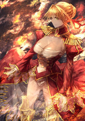 Rule 34 | 10s, 1girl, blonde hair, braid, breasts, cleavage, epaulettes, fate/extra, fate (series), fire, from above, gluteal fold, green eyes, highres, large breasts, nero claudius (fate), nero claudius (fate), nero claudius (fate/extra), panties, puffy sleeves, see-through, signo aaa, skindentation, solo, underwear, wind
