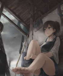 Rule 34 | 10s, 1girl, against wall, barefoot, bird, black legwear, bow (weapon), brown eyes, brown hair, feet, from below, indoors, kaga (kancolle), kantai collection, legs, lif (lif &amp; ref), looking outside, muneate, personification, ponytail, quiver, rain, short hair, short ponytail, silhouette, sitting, smoke, solo, toes, undressing, weapon, wet, wet clothes, wood