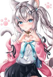 Rule 34 | 1girl, :o, absurdres, animal ear fluff, animal ears, bell, belt collar, black ribbon, black skirt, blue bow, blue bowtie, blue eyes, blue nails, blush, bow, bowtie, breasts, cat ears, cat girl, cat tail, cleavage, collar, grey hair, hair between eyes, hair intakes, hair ornament, hair strand, hairclip, hands up, heart, heart hands, highres, hood, hoodie, long hair, long sleeves, looking at viewer, miniskirt, nail polish, neck bell, nekoya minamo, off shoulder, open clothes, open hoodie, original, paw hair ornament, paw print, paw print background, pink hoodie, pleated skirt, ribbon, shirt, side ponytail, simple background, skirt, solo, tail, tail raised, uniform, upper body, white background, white shirt