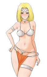 Rule 34 | 1girl, armlet, armor, bad id, bad pixiv id, bangle, bare shoulders, bikini armor, blonde hair, blush, bracelet, breasts, choker, circlet, closed mouth, collarbone, commentary request, cowboy shot, dancer&#039;s costume (dq), dragon quest, dragon quest vi, green eyes, groin, hand on own hip, highres, jewelry, long hair, looking at viewer, medium breasts, mil k vanilla, mireyu, navel, pelvic curtain, shiny skin, simple background, smile, solo, standing, stomach, thighlet, white background, wide hips