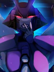 Rule 34 | 1girl, cheazcayk, glowing, glowing eyes, helmet, highres, humanoid robot, looking at viewer, mechanical wings, purple lips, red eyes, robot, robot girl, slipstream (transformers), solo, transformers, upper body, v, wings
