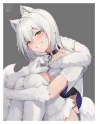 Rule 34 | 1girl, animal ear fluff, animal ears, animal hands, bell orgel, black choker, breasts, choker, commentary, fur collar, grey background, grin, hair between eyes, head tilt, hugging own legs, large breasts, light blush, long hair, looking at viewer, monster girl encyclopedia, o-ring, o-ring choker, original, short sleeves, simple background, slit pupils, smile, solo, tail, teeth, werewolf (monster girl encyclopedia), white fur, white hair, wolf ears, wolf girl, wolf tail, yellow eyes