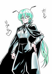 Rule 34 | 1girl, aged up, alternate hair length, alternate hairstyle, antennae, blue eyes, cape, hand on own hip, heart, high-waist pants, long hair, looking at viewer, pants, ponytail, simple background, smile, solo, touhou, tukiwani, very long hair, white background, wriggle nightbug