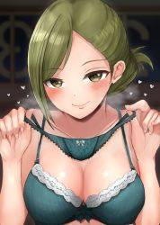 Rule 34 | 1girl, bare shoulders, blurry, blush, bra, breasts, breath, cleavage, closed mouth, collarbone, depth of field, folded ponytail, green eyes, green hair, heart, heart print, highres, holding, holding clothes, holding panties, holding underwear, idolmaster, idolmaster shiny colors, lace, lace-trimmed bra, lace-trimmed panties, lace trim, large breasts, lingerie, looking at viewer, mebunryo (mebunryo2), nanakusa hazuki, night, no panties, office, panties, resolution mismatch, smile, solo, source larger, underwear, upper body
