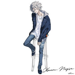 Rule 34 | 1boy, absurdres, blue jacket, closed mouth, denim, grey hair, highres, jacket, jeans, jewelry, male focus, nagisa kaworu, necklace, neon genesis evangelion, open clothes, open jacket, pants, rebuild of evangelion, ring, shirt, shoes, short hair, simple background, sitting, sneakers, solo, white shirt, yoneyama mai