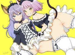 Rule 34 | + +, 2girls, ahoge, animal ears, ass, bare shoulders, black bow, black choker, black dress, blue eyes, blue hair, blunt bangs, bow, cat ears, cat girl, cat tail, choker, commentary, cross-laced clothes, dress, elin, fang, fox ears, fox girl, frilled dress, frilled legwear, frilled skirt, frills, gloves, gluteal fold, grin, highres, long hair, looking at viewer, looking back, maid, maid headdress, mojarin (kihara mojarin), multiple girls, off-shoulder dress, off shoulder, panties, purple hair, short dress, short hair, shoulder blades, simple background, sketch, skirt, smile, tail, tera online, thighhighs, thighs, underwear, very long hair, wavy hair, white gloves, white legwear, white panties, yellow background, yellow eyes