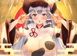Rule 34 | 1girl, animal ears, animal print, blue hair, breasts, commentary request, cow ears, cow hood, cow print, detached sleeves, double v, draph, granblue fantasy, hands up, large breasts, long hair, looking at viewer, purple eyes, ramuda (guilty931), catura (granblue fantasy), solo, upper body, v, wide sleeves
