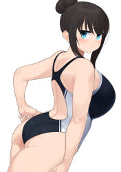 Rule 34 | 1girl, ass, black hair, black one-piece swimsuit, blue eyes, blush, breast focus, breasts, competition swimsuit, hair bun, highres, huge breasts, iwami sayaka, looking at viewer, omizu (h2o), one-piece swimsuit, original, sidelocks, simple background, single hair bun, solo, standing, swimsuit, white background