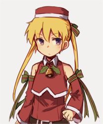 Rule 34 | 1girl, alice (openhexagon), belt, blonde hair, blue eyes, blush, closed mouth, detached sleeves, hair ribbon, hat, kill me baby, long hair, looking at viewer, red hat, ribbon, santa costume, santa hat, sketch, solo, sonya (kill me baby), twintails