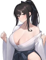 Rule 34 | 1girl, black bow, black hair, black ribbon, blush, bow, breasts, cleavage, closed mouth, collarbone, commentary request, hair bow, hands up, high-waist skirt, japanese clothes, korean commentary, large breasts, long hair, long sleeves, looking at viewer, momera, novel illustration, off shoulder, official art, original, ponytail, ribbon, sash, shirt, sidelocks, simple background, single bare shoulder, skirt, solo, white background, white shirt, wide sleeves
