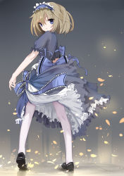 Rule 34 | 1girl, alice margatroid, alternate costume, black dress, blue eyes, dress, full body, gradient background, hairband, highres, light brown hair, looking at viewer, looking back, magic circle, open mouth, pantyhose, petals, puffy sleeves, ribbon, sash, shoes, short hair, short sleeves, solo, touhou, white pantyhose, wind, ziran juan
