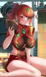 Rule 34 | 1girl, absurdres, breasts, chest jewel, earrings, highres, jewelry, large breasts, nintendo, nithros, pyra (xenoblade), red eyes, red hair, red shorts, red thighhighs, short hair, short shorts, shorts, solo, swept bangs, thighhighs, tiara, xenoblade chronicles (series), xenoblade chronicles 2