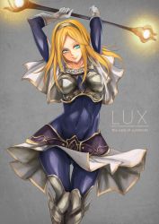 Rule 34 | 1girl, armor, arms up, blonde hair, blue eyes, boobplate, breastplate, character name, collarbone, covered navel, gloves, glowing, greaves, grey hairband, hairband, highres, holding, holding wand, league of legends, long hair, lux (league of legends), nr noir, parted lips, smile, solo, wand, white gloves