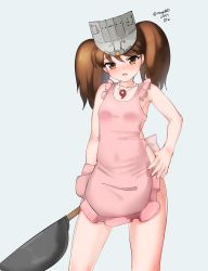 Rule 34 | 1girl, absurdres, apron, blue background, brown eyes, brown hair, contrapposto, cowboy shot, dated, flat chest, frilled apron, frills, highres, holding, kantai collection, long hair, looking at viewer, magatama, maru (marg0613), naked apron, one-hour drawing challenge, pink apron, ryuujou (kancolle), simple background, solo, twintails, twitter username, visor cap, wok