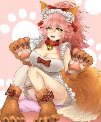 Rule 34 | 1girl, absurdres, animal ear fluff, animal ears, animal hands, apron, bell, blush, breasts, cat hair ornament, cat paws, cleavage, collar, collarbone, fangs, fate/grand order, fate (series), fox ears, fox tail, gloves, hair ornament, highres, jingle bell, large breasts, long hair, looking at viewer, maid headdress, naked apron, neck bell, open mouth, paw gloves, paw shoes, pink hair, shoes, sitting, solo, tail, tamamo (fate), tamamo cat (fate), tamamo cat (third ascension) (fate), tini