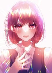 Rule 34 | 1girl, arima kana, crying, crying with eyes open, highres, light smile, no headwear, open mouth, oshi no ko, pinapo 25, red eyes, red hair, shirt, short hair, smile, tears, white shirt
