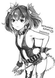 Rule 34 | baton (weapon), belt, choker, commission, flower hair ornament, greyscale, hair ornament, mole, mole under eye, monochrome, nekomata naomi, revealing clothes, skeb commission, symonne (tales), tales of (series), tales of zestiria, thighhighs, twintails, weapon