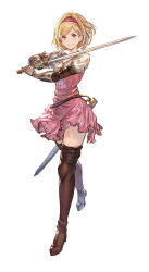 Rule 34 | 1girl, belt, blonde hair, boots, brown eyes, brown footwear, closed mouth, derivative work, djeeta (granblue fantasy), dress, fighter (granblue fantasy), full body, gauntlets, granblue fantasy, granblue fantasy versus, hairband, highres, holding, holding sword, holding weapon, kazeno, looking at viewer, pink dress, puffy sleeves, sheath, short dress, short hair, simple background, smile, solo, standing, sword, thigh boots, thighhighs, weapon, white background, zettai ryouiki
