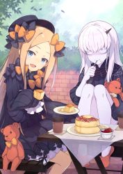 Rule 34 | 2girls, abigail williams (fate), albino, bags under eyes, black bow, black dress, black headwear, blonde hair, bloomers, blue eyes, bow, chair, commentary request, commission, cup, disposable cup, dress, eating, fate/grand order, fate (series), food, food on face, forehead, frills, hair bow, hat, highres, holding, holding plate, holding spoon, horns, lavinia whateley (fate), leaf, long hair, long sleeves, looking at viewer, multiple bows, multiple girls, open mouth, orange bow, outdoors, pancake, parted bangs, pink eyes, plant, plate, saipaco, sidelocks, single horn, sitting, skeb commission, sleeves past fingers, sleeves past wrists, smile, spoon, steam, stuffed animal, stuffed toy, table, teddy bear, tongue, toy, tree, underwear, utensil in mouth, very long hair, white bloomers, white hair, wooden table