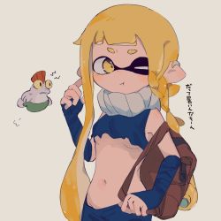 Rule 34 | 1girl, absurdres, agent 3 (splatoon 3), asymmetrical hair, bare shoulders, blonde hair, blush, braid, breasts, bulging eyes, closed mouth, colored sclera, cropped torso, fingerless gloves, gloves, groin, highres, inkling, inkling girl, inkling player character, koke (banburu be x), long hair, looking at viewer, medium breasts, midriff, navel, nintendo, pants, pointy ears, revealing clothes, scarf, shirt, simple background, single braid, smallfry (splatoon), solo, splatoon (series), splatoon 3, standing, stomach, suction cups, tentacle hair, torn clothes, torn shirt, underboob, upper body, white background, yellow eyes, yellow sclera