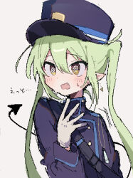 Rule 34 | 1girl, black hat, black jacket, black tail, blue archive, blush, demon tail, earrings, fang, gil (gil 261), gloves, green hair, hair between eyes, hat, nozomi (blue archive), highres, jacket, jewelry, long hair, long sleeves, open mouth, peaked cap, pixel art, pointy ears, simple background, solo, tail, upper body, white background, white gloves, yellow eyes