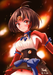 Rule 34 | 10s, 1girl, absurdres, artist name, bad id, bad pixiv id, blush, breasts, brown hair, closed mouth, dated, highres, koutetsujou no kabaneri, large breasts, looking at viewer, mumei (kabaneri), red eyes, short hair, sideboob, smile, solo, youl