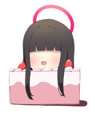 Rule 34 | 1girl, ;d, ai-generated art (topic), ai drawing person in cake (meme), black hair, blue archive, blunt bangs, blush, cake, dan nako, faceless, faceless female, food, fruit, hair over eyes, halo, highres, hime cut, justice task force member (blue archive), long hair, meme, one eye closed, open mouth, sidelocks, simple background, smile, solo, strawberry, strawberry shortcake, white background