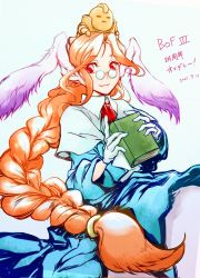 Rule 34 | 1girl, animal ears, book, braid, breath of fire, breath of fire iii, closed mouth, glasses, gloves, head wings, highres, honey (breath of fire), long hair, looking at viewer, momo (breath of fire), orange hair, parted bangs, rabbit ears, red eyes, robe, simple background, smile, solo, very long hair, wings