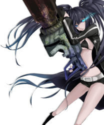 Rule 34 | 10s, 1girl, arm cannon, bad id, bad pixiv id, belt, bikini, bikini top only, black hair, black rock shooter, black rock shooter (character), blue eyes, breasts, coat, female focus, glowing, glowing eyes, long hair, navel, roku (hikokeng), scar, shorts, simple background, solo, swimsuit, twintails, very long hair, weapon, white background