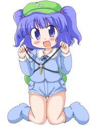 Rule 34 | 1girl, aged down, backpack, bag, blue dress, blue eyes, blue hair, blue hat, boots, collar, dress, female focus, frills, full body, geetsu, hat, kawashiro nitori, key, kneeling, long sleeves, looking at viewer, matching hair/eyes, paw pose, rubber boots, shorts, simple background, smile, solo, touhou, two side up, white background