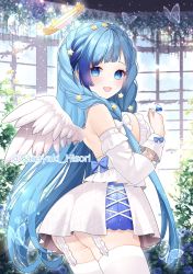Rule 34 | 1girl, :d, absurdres, animal, ass, bare shoulders, blue eyes, blue gemstone, blue hair, braid, breasts, bug, butterfly, chitetan, commentary request, day, detached sleeves, dress, feathered wings, frilled dress, frills, garter straps, gem, hair ornament, halo, highres, indie virtual youtuber, indoors, insect, large breasts, long hair, long sleeves, looking at viewer, looking to the side, multicolored hair, open mouth, sasayaki hisori, smile, solo, star (symbol), star hair ornament, streaked hair, thighhighs, twitter username, very long hair, virtual youtuber, white dress, white sleeves, white thighhighs, white wings, wings