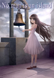 Rule 34 | 1girl, arm up, bare shoulders, bell, blue eyes, bobby socks, book, brown hair, building, cloud, cloudy sky, collarbone, cross, denhijou niki, dress, english text, highres, holding, lips, looking at viewer, mary janes, original, pink dress, shoes, sky, socks, solo, standing, stone wall, tears, wall, wind