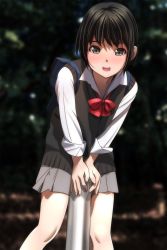 Rule 34 | 1girl, :d, absurdres, bag, black hair, blouse, blurry, blurry background, blush, bow, brown eyes, collared shirt, day, depth of field, feet out of frame, grey skirt, highres, looking at viewer, matsunaga kouyou, nose blush, open mouth, original, outdoors, pleated skirt, pole, red bow, school bag, school uniform, shirt, short hair, skirt, sleeveless, smile, standing, sweater vest, white shirt