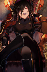 Rule 34 | 1girl, armchair, artist name, black footwear, black gloves, black hair, black jacket, boots, breasts, candy, chair, crossed legs, epaulettes, fate/grand order, fate (series), fingerless gloves, food, gloves, hair over one eye, hair over shoulder, hat, jacket, lollipop, looking at viewer, looking down, march ab, medium breasts, medium hair, military, military hat, military uniform, mouth hold, nail polish, oda nobunaga (fate), oda nobunaga (koha-ace), pantyhose, red eyes, signature, sitting, skull, solo, solo focus, thighhighs, throne, uniform