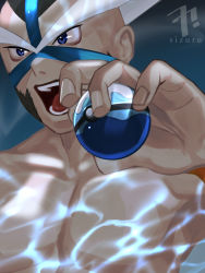 Rule 34 | 1boy, absurdres, artist name, blue eyes, brown hair, commentary request, crasher wake, creatures (company), dive ball, facial hair, game freak, highres, holding, holding poke ball, male focus, mask, muscular, muscular male, nintendo, open mouth, pectorals, poke ball, pokemon, pokemon dppt, sizuru (garasuame0206), solo, teeth, tongue, topless male, upper body, watermark, wristband