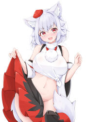 Rule 34 | 1girl, animal ear fluff, animal ears, bare shoulders, black skirt, blush, breasts, clothes lift, detached sleeves, embarrassed, groin, hand up, hat, inubashiri momiji, large breasts, looking at viewer, navel, open mouth, pleated skirt, pom pom (clothes), red eyes, red skirt, rururiaru, shirt, short hair, simple background, skirt, solo, stomach, tail, tied shirt, tokin hat, touhou, turtleneck, two-tone skirt, white background, white hair, white shirt, white sleeves, wolf ears, wolf girl, wolf tail