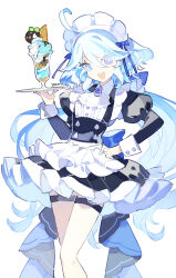 Rule 34 | 1girl, ahoge, alternate costume, apron, back bow, black dress, blue bow, blue eyes, blue hair, bow, commentary, cyenmi3, dress, enmaided, eyelashes, feet out of frame, frilled apron, frilled dress, frills, furina (genshin impact), genshin impact, hand on own hip, heterochromia, highres, holding, holding tray, juliet sleeves, light blue hair, long hair, long sleeves, looking at viewer, maid, maid headdress, open mouth, parfait, puffy sleeves, signature, smile, solo, thigh strap, tray, very long hair, waist apron, white apron