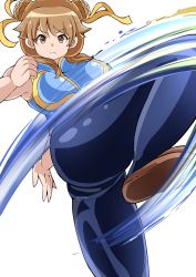 Rule 34 | 1girl, absurdres, alternate costume, boots, bracelet, breasts, brown eyes, brown footwear, brown hair, capcom, chinese clothes, chun-li, chun-li (cosplay), closed mouth, commentary request, cosplay, double bun, fighting stance, hair bun, hair ornament, hair ribbon, highres, idolmaster, idolmaster cinderella girls, jewelry, katagiri sanae, kicking, knee boots, long hair, looking at viewer, matahachi (matahachi4230), ribbon, simple background, solo, standing, street fighter, street fighter zero (series), thick thighs, thighs, unitard, white background