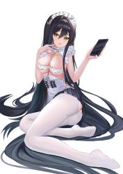 Rule 34 | 1girl, absurdly long hair, absurdres, ass cutout, azur lane, black hair, black skirt, breasts, cellphone, choker, clothing cutout, crotchless, crotchless pantyhose, frilled choker, frills, fuying sanbing, green eyes, highres, holding, holding phone, indomitable (azur lane), indomitable (ms. motivationless maid) (azur lane), large breasts, long hair, maid, maid headdress, miniskirt, official alternate costume, pantyhose, phone, pleated skirt, simple background, skirt, smartphone, solo, very long hair, white background, white pantyhose