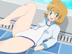 Rule 34 | 1girl, bare legs, bare shoulders, blush, breasts, competition swimsuit, cowboy shot, creatures (company), eyelashes, game freak, gen 2 pokemon, hair between eyes, highres, jacket, legs, long sleeves, looking at viewer, misty (pokemon), nintendo, one-piece swimsuit, open clothes, open jacket, orange hair, pokemon, pokemon hgss, short hair, solo, swimsuit, thighs, umejiru, white one-piece swimsuit