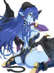 Rule 34 | &gt;:d, 1girl, anklet, ass, astaroth (shinrabanshou), back, backless leotard, bangle, black horns, black sclera, black wings, blue hair, blue leotard, blue skin, blush, boots, bracelet, breasts, bridal gauntlets, closed mouth, colored sclera, colored skin, covered erect nipples, demon girl, demon tail, earrings, floating hair, gloves, hair between eyes, hand in own hair, head tilt, heart, heart earrings, highres, horns, jewelry, large breasts, leotard, long hair, looking back, naughty face, pera, pointy ears, purple gloves, red wings, shinrabanshou, sideboob, sidelocks, simple background, sitting, solo, strapless, strapless leotard, tail, thigh boots, thighhighs, very long hair, wariza, white background, wings, yellow eyes