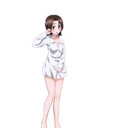 Rule 34 | 1girl, blush, breasts, brown eyes, brown hair, cleavage, collarbone, collared shirt, girls und panzer, highres, key (gaigaigai123), long sleeves, looking at viewer, medium breasts, open mouth, sawa azusa, shirt, short hair, simple background, solo, white background, white shirt