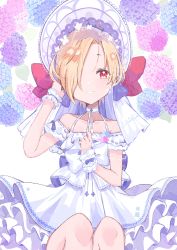 Rule 34 | 1girl, absurdres, ahoge, asymmetrical hair, bare shoulders, blonde hair, blue bow, bow, choker, commentary, dress, earrings, floral background, flower, flower earrings, fumita (humita322), hair over one eye, hat, hat bow, highres, hydrangea, idolmaster, idolmaster cinderella girls, jewelry, lace, lace choker, looking at viewer, red bow, red eyes, shirasaka koume, short eyebrows, short hair, sitting, smile, solo, white background, white bow, white choker, white dress, wrist cuffs