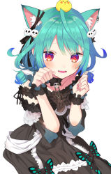 Rule 34 | 1girl, ahoge, animal, animal ears, animal on head, bird, bird on head, black choker, black dress, blue hair, blush, bow, brooch, cat ears, chick, choker, collarbone, cuffs, detached collar, dress, ear piercing, ear ribbon, embarrassed, flat chest, frilled dress, frilled straps, frills, gothic lolita, gradient hair, green hair, hair ornament, hair ribbon, highres, hololive, itaboon, jewelry, lace, lace choker, lolita fashion, looking at viewer, low twintails, multicolored hair, nail polish, off-shoulder dress, off shoulder, on head, open mouth, paw pose, piercing, pink nails, piyoko (uruha rushia), red eyes, ribbon, see-through, see-through sleeves, short dress, short hair, short sleeves, short twintails, skull hair ornament, solo, swept bangs, twintails, uruha rushia, uruha rushia (3rd costume), virtual youtuber, wristband