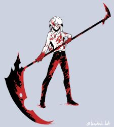 Rule 34 | 1boy, blood, blood in hair, blood on clothes, blood on face, blood on hands, bloody weapon, chung seiker, closed mouth, elsword, grey background, greyscale, hair between eyes, highres, holding, holding scythe, loboazul loa, long hair, male focus, monochrome, red eyes, scythe, signature, simple background, solo, spot color, standing, twitter username, weapon