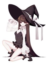 Rule 34 | 1girl, bad id, bad pixiv id, black footwear, black hat, breasts, brown eyes, brown hair, harin 0, hat, hat ribbon, highres, long hair, long sleeves, medium breasts, on one knee, original, pointy ears, puffy sleeves, ribbon, shoes, solo, teeth, upper teeth only, white ribbon, witch, witch hat